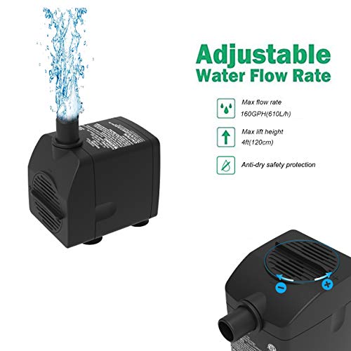 YH YUANHUA Submersible Water Pump Ultra Quiet with Dry Burning Protection160GPH for Fountains, Hydroponics, Ponds, Aquariums & More …