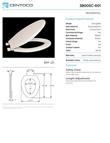 Centoco Elongated Toilet Seat Soft Close, Closed Front with Cover, Plastic, Made in the USA, 3800SC-416, Biscuit