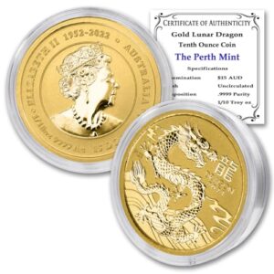 2024 p 1/10 oz gold australian lunar series iii year of the dragon coin brilliant uncirculated with certificate of authenticity $15 seller bu
