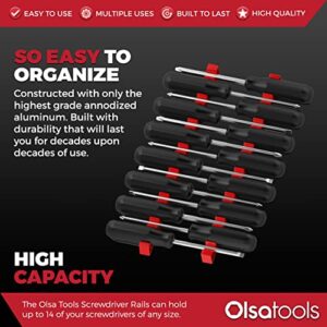 Screwdriver Organizer for Tool Boxes by Olsa Tools | Heavy Duty Low Profile Screwdriver Holder Rail Rack Set For Toolbox Drawers | Holds Up To 14 Screwdrivers | Great for Tool Storage Organization