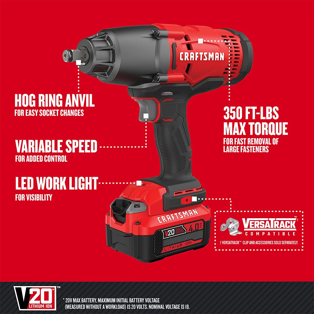 CRAFTSMAN V20 RP Cordless Impact Wrench Kit, 1/2 inch, Battery and Charger Included (CMCF900M1)