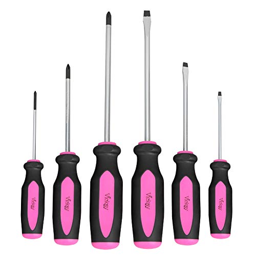 Magnetic Screwdrivers Set, 6 Pieces Slotted & Phillips Screwdriver with Permanent Magnetic Tips, Ergonomic Comfortable Handle,Rust Resistant Heavy Duty DIY Hand Tool Kit for Craftsman Repairing, Pink