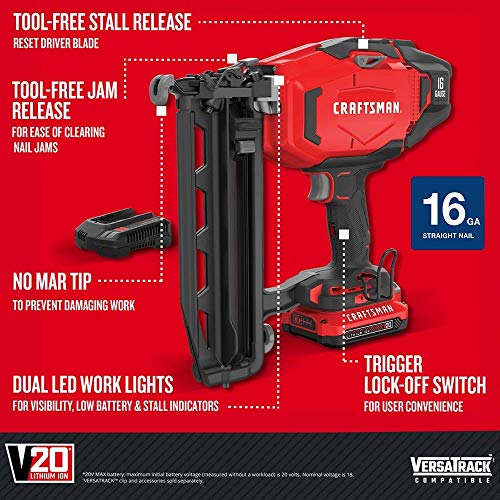 CRAFTSMAN V20 Cordless Finish Nailer Kit, Nail Gun, 16GA, 2-1/2 Nails, Battery and Charger Included (CMCN616C1)