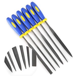 kalim mini needle file set (carbon steel 6 piece-set) hardened alloy strength steel - set includes flat, flat warding, square, triangular, round, and half-round file(6'' total length)