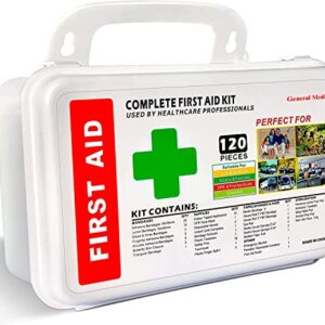 General Medi 120 Pieces Hardcase First Aid Kit - First Aid Box Includes Instant Cold Pack, Emergency Blanket for Travel, Home, Office, Vehicle, Camping, Workplace & Outdoor