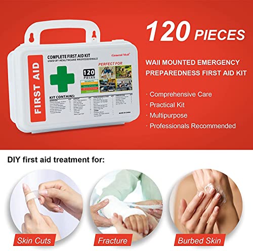 General Medi 120 Pieces Hardcase First Aid Kit - First Aid Box Includes Instant Cold Pack, Emergency Blanket for Travel, Home, Office, Vehicle, Camping, Workplace & Outdoor