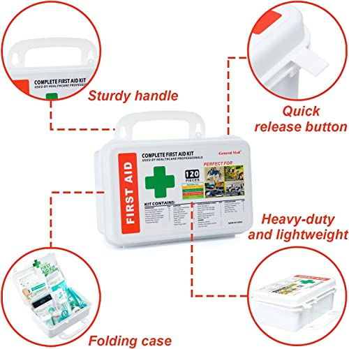 General Medi 120 Pieces Hardcase First Aid Kit - First Aid Box Includes Instant Cold Pack, Emergency Blanket for Travel, Home, Office, Vehicle, Camping, Workplace & Outdoor