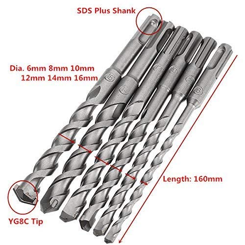 LOVPAIN6pcs SDS-Plus Rotary Hammer Drill Bit Set Round Handle Two Slots Impact Drill Bits 6mm 8mm 10mm 12mm 14mm 16mm