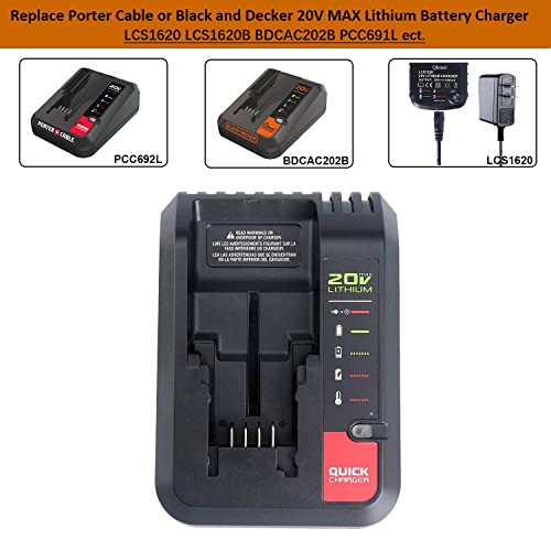 Qbmel PCC692L 20V Max Fast Battery Charger for Black+Decker 20V MAX Lithium Slide Battery LBXR20 LBXR2020 LBX4020 LCS1620 Porter-Cable 20V MAX PCC685L PCC685LP PCC680L PCC682L