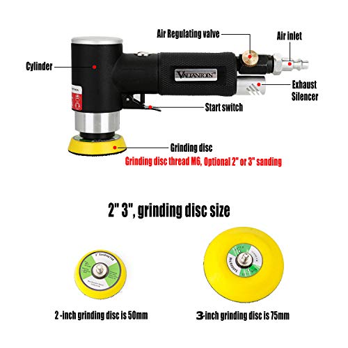 Valianto 2" 3" Mini Air Sander, Pneumatic Sander Random Orbital Eccentric Dual Action Polisher with M6 Thread Plate (2" and 3"),- Adjustable Airflow Valve - US Connector