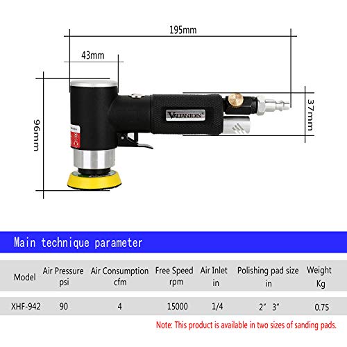 Valianto 2" 3" Mini Air Sander, Pneumatic Sander Random Orbital Eccentric Dual Action Polisher with M6 Thread Plate (2" and 3"),- Adjustable Airflow Valve - US Connector