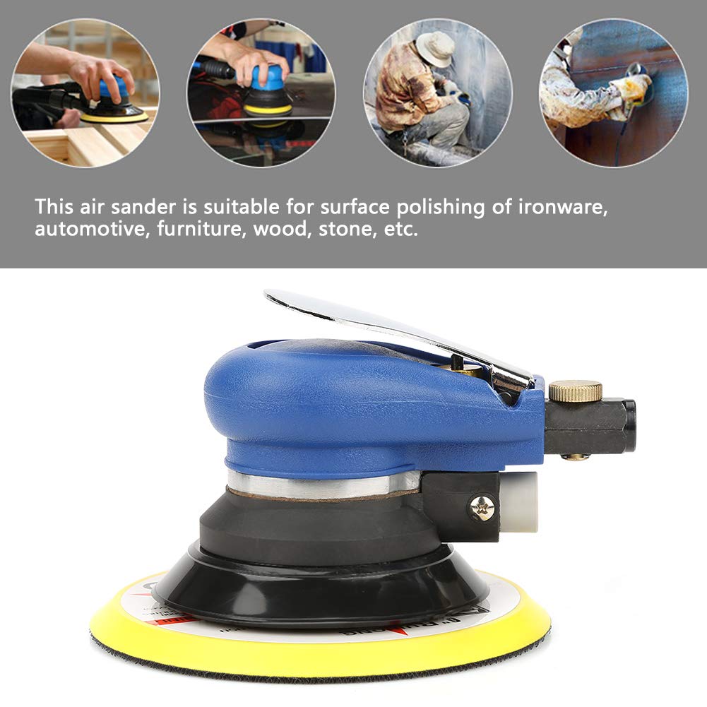 Air Random Orbital Palm Sander AT-980 5"/6" Heavy Duty Round Professional Pneumatic Orbit Polisher Palm Sander Hand Sanding Tool 10000rpm with Air Inlet Connector (6 Inch)