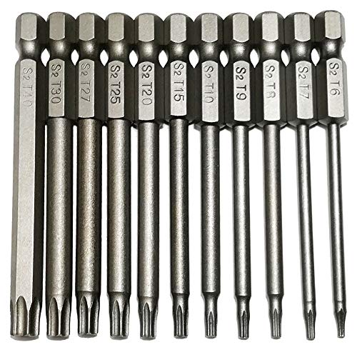 YDLQWCZ Security Torx Bit 11 Pieces 1/4 Inch Hex Shank T6 T7 T8 T9 T10 T15 T20 T25 T27 T30 T40 3 Inch Length S2 Steel Torx Head Screwdriver Drill Set (11pcs 75mm Torx Head)