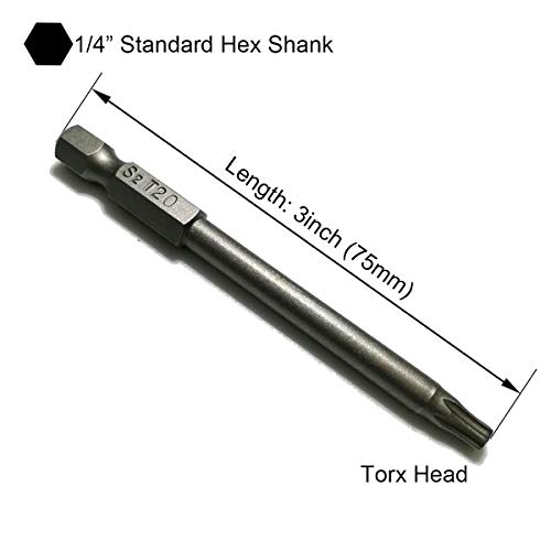 YDLQWCZ Security Torx Bit 11 Pieces 1/4 Inch Hex Shank T6 T7 T8 T9 T10 T15 T20 T25 T27 T30 T40 3 Inch Length S2 Steel Torx Head Screwdriver Drill Set (11pcs 75mm Torx Head)