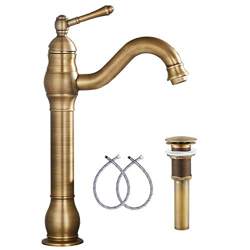 GGStudy 360° Swivel Antique Brass Bathroom Vessel Sink Faucet Single Handle One Hole Matching with Pop Up Drain