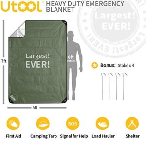 UTOOL Survival Emergency Blanket, Waterproof Insulated Tarp, Reflective Blanket Tarp, Survival Space Blankets, 3.0 Large Heavy Duty Thermal Blanket for Hiking, Camping, Green