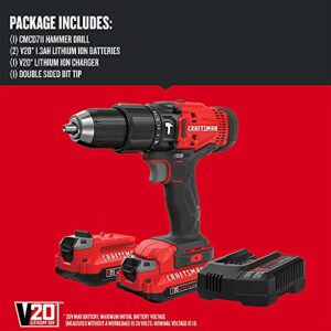 CRAFTSMAN V20 Cordless Hammer Drill Kit, 1/2 inch, 2 Batteries and Charger Included (CMCD711C2)