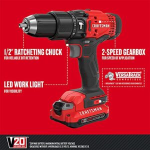 CRAFTSMAN V20 Cordless Hammer Drill Kit, 1/2 inch, 2 Batteries and Charger Included (CMCD711C2)