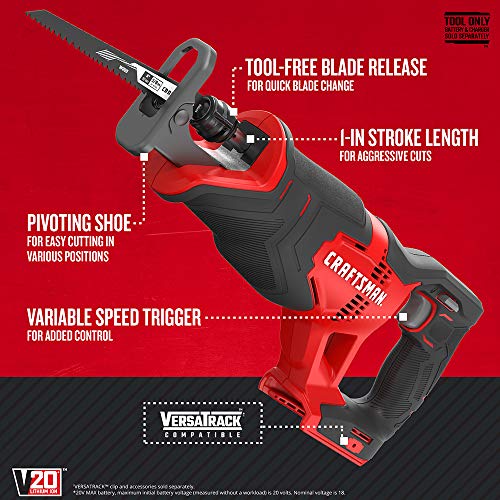 ​​CRAFTSMAN V20 Reciprocating Saw, Cordless, 3,000 RPM, Variable Speed Trigger, Quick Easy Blade Change, Bare Tool Only (CMCS300B)