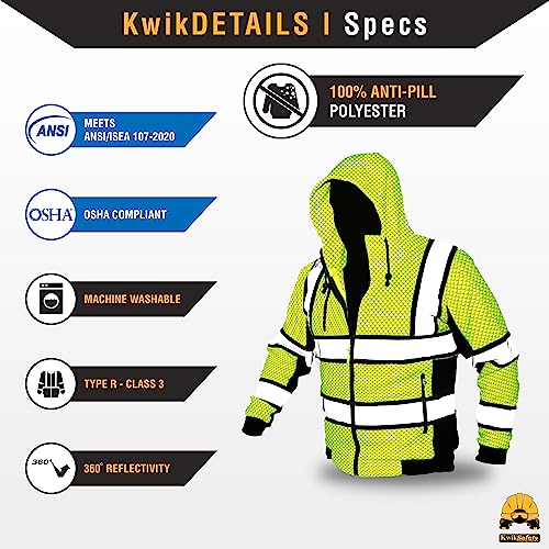KwikSafety - Charlotte, NC - SAGE Safety Jacket [PREMIUM QUILTED STITCHING] Class 3 ANSI Tested OSHA Compliant Mens Fleece Hoodie/Yellow XL