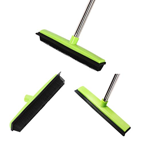 MEIBEI Pet Hair Removal Broom with Squeegee -53", Long Handle Soft Bristle Rubber Broom, Ideal for Remove Fur from Carpets, Rugs, Hardwood and Linoleum