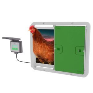 omlet automatic chicken coop door opener operated by light sensor or timer | easy to install, no maintenance required | improves coop security and insulation | built-in safety sensors | green
