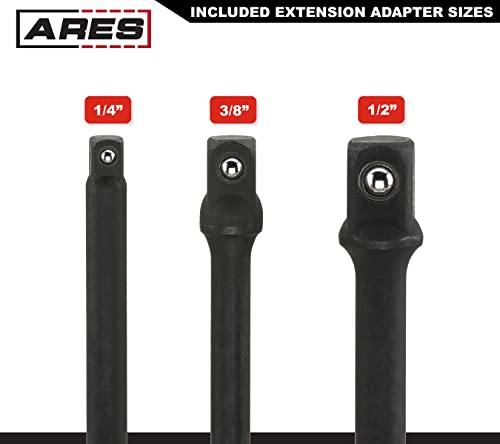 ARES 28000 - Impact 3-Inch Extension and Socket Adapter Set - Includes 3-Inch Extensions in 1/4-Inch Drive, 3/8-Inch Drive, and 1/2-Inch Drive, 2 Adapters, and 2 Reducers