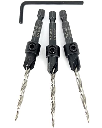 FTG USA Countersink Drill Bit Set 3 Pc #8 (11/64") Countersink Drill Bit with Tapered Drill Bits, Quick Change Hex Shank Countersink Bit, 1 Hex Wrench, Counter Sinker Drill Bit Set for Woodworking