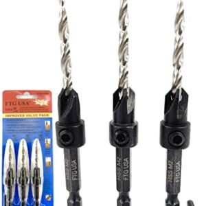 FTG USA Countersink Drill Bit Set 3 Pc #8 (11/64") Countersink Drill Bit with Tapered Drill Bits, Quick Change Hex Shank Countersink Bit, 1 Hex Wrench, Counter Sinker Drill Bit Set for Woodworking