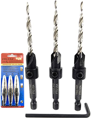 FTG USA Countersink Drill Bit Set 3 Pc #8 (11/64") Countersink Drill Bit with Tapered Drill Bits, Quick Change Hex Shank Countersink Bit, 1 Hex Wrench, Counter Sinker Drill Bit Set for Woodworking