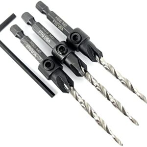 FTG USA Countersink Drill Bit Set 3 Pc #8 (11/64") Countersink Drill Bit with Tapered Drill Bits, Quick Change Hex Shank Countersink Bit, 1 Hex Wrench, Counter Sinker Drill Bit Set for Woodworking