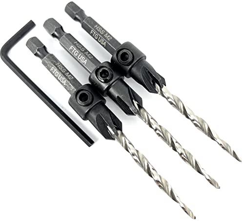 FTG USA Countersink Drill Bit Set 3 Pc #8 (11/64") Countersink Drill Bit with Tapered Drill Bits, Quick Change Hex Shank Countersink Bit, 1 Hex Wrench, Counter Sinker Drill Bit Set for Woodworking