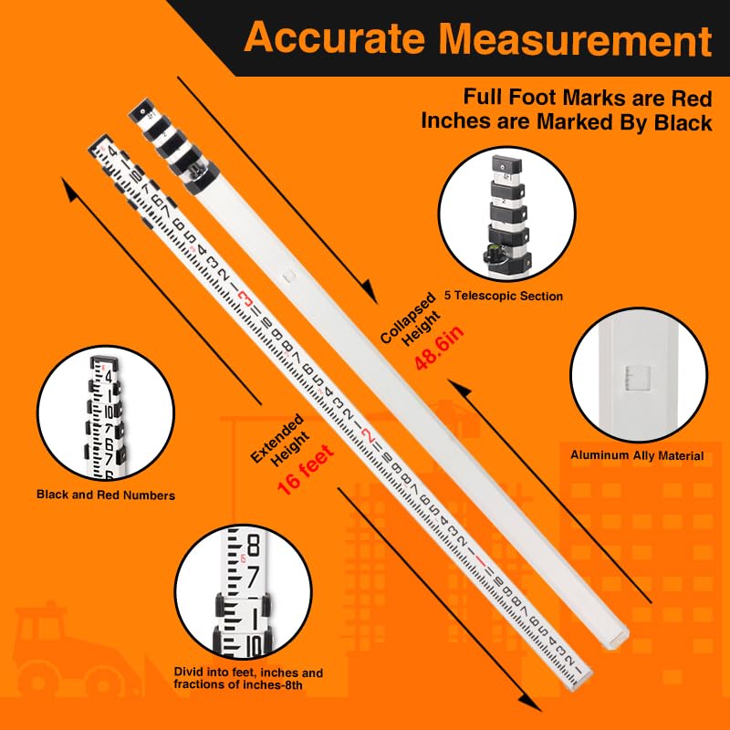 Mountlaser Aluminum Grade Rod - 8ths, with Carrying Case and Rod Leve (16 Foot)