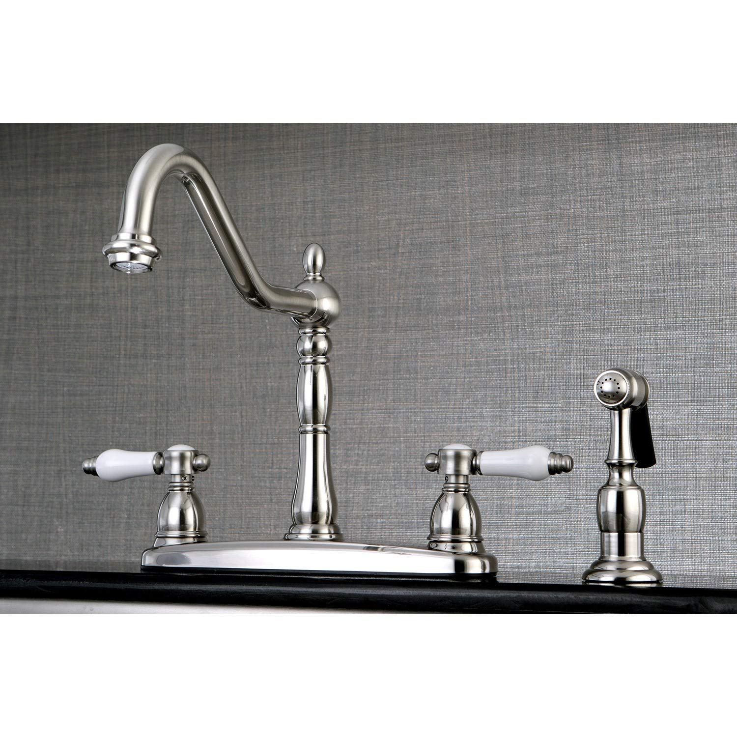 Kingston Brass Vintage Porcelain 8-inch Centerset Kitchen Faucet with Side Sprayer Satin Nickel Satin