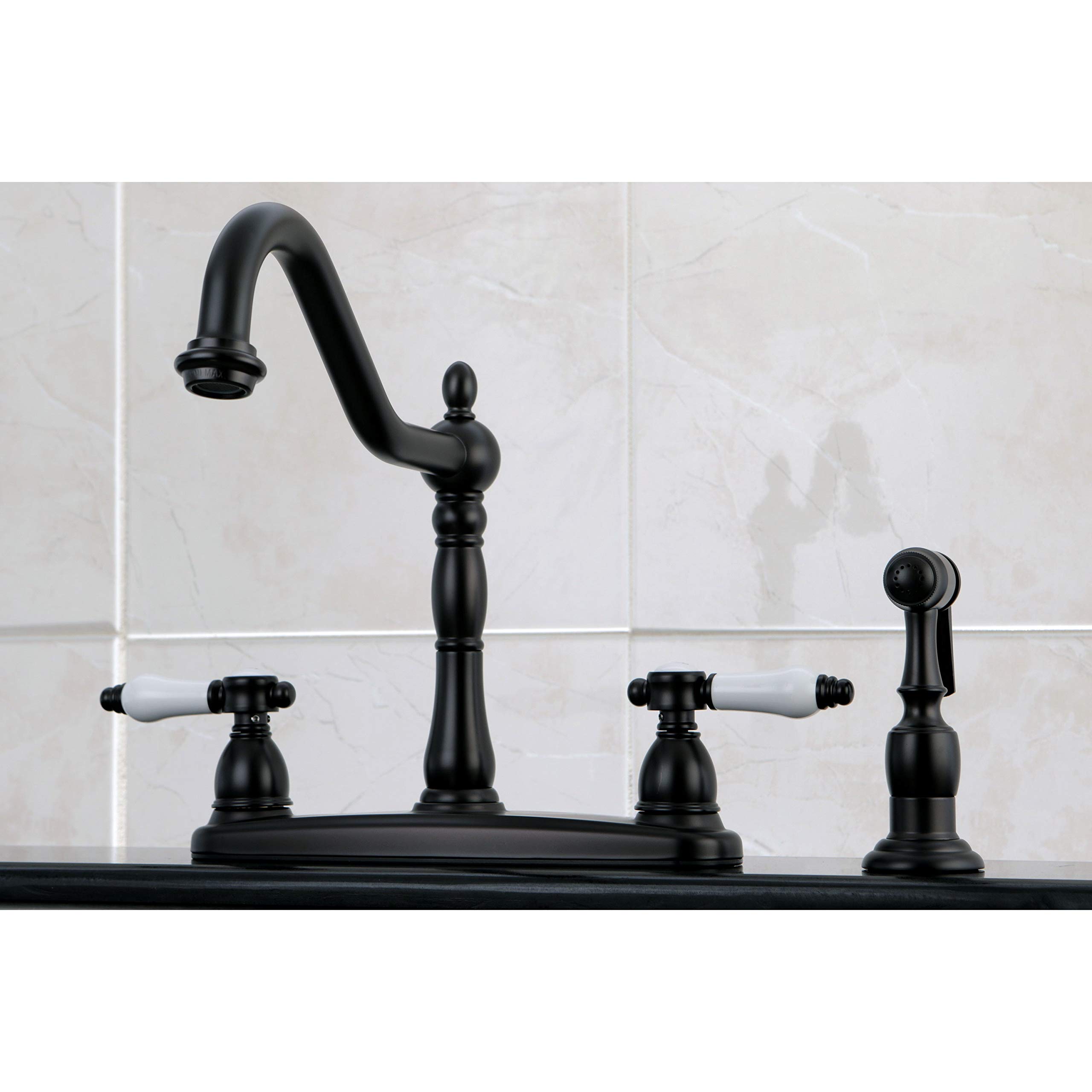 Kingston Brass Vintage Porcelain 8-inch Centerset Kitchen Faucet with Side Sprayer Satin Nickel Satin