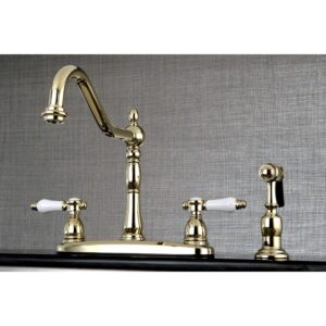 Kingston Brass Vintage Porcelain 8-inch Centerset Kitchen Faucet with Side Sprayer Satin Nickel Satin