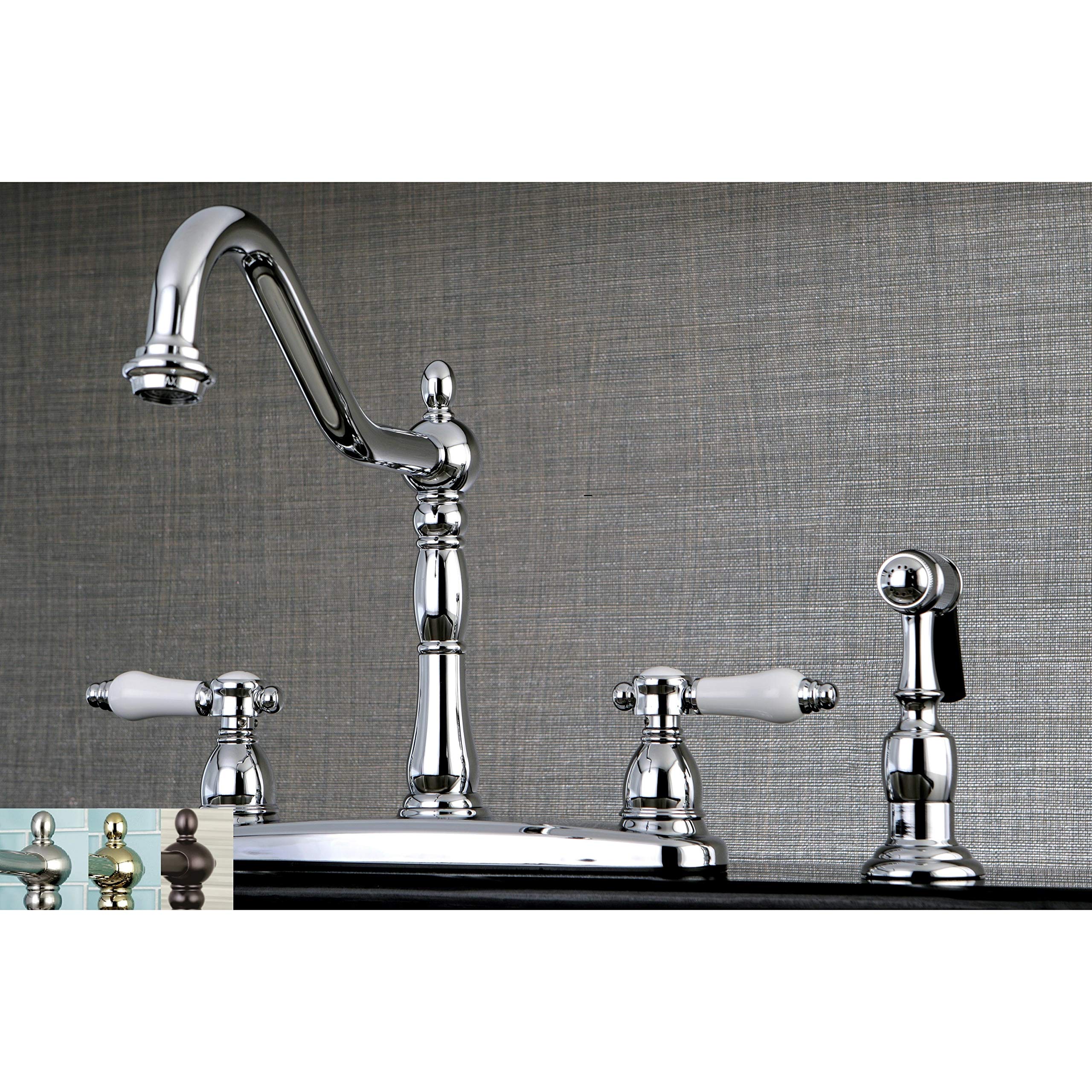 Kingston Brass Vintage Porcelain 8-inch Centerset Kitchen Faucet with Side Sprayer Satin Nickel Satin