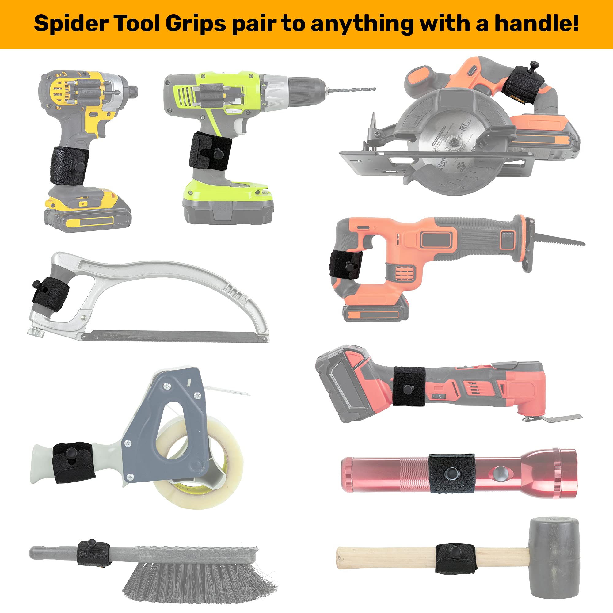 Spider Tool Holster Set - Self Locking, Quick Draw Belt Holster Clip + Elastic Tool Grip - Improve The Way You Carry Your Power Drill, Driver, Multitool, Pneumatic, Flashlight, Hammer, Saw and More! …