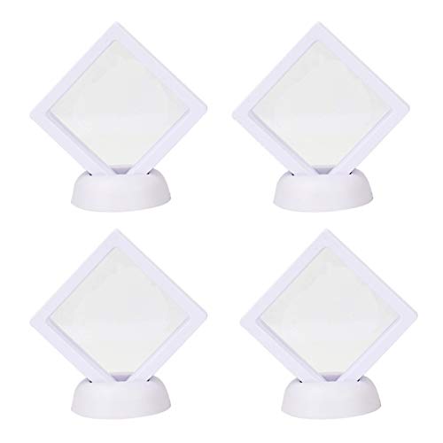 4 Pieces Coin 3D Display Stand Box Set Diamond Square Medallion Challenge Coin Chip Display Stand Holder 3D Floating Frame Display Stand Box for Coin Medallions Jewelry 3.54"x3.54" White