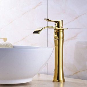 GGStudy Single Handle One Hole Bathroom Vessel Sink Faucet Matching Pop Up Drain Without Overflow Gold Finish