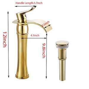 GGStudy Single Handle One Hole Bathroom Vessel Sink Faucet Matching Pop Up Drain Without Overflow Gold Finish