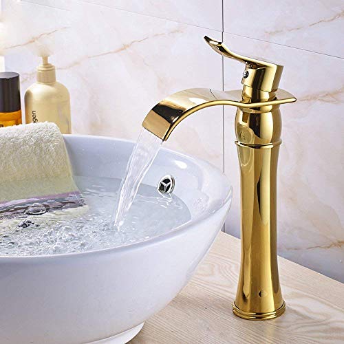 GGStudy Single Handle One Hole Bathroom Vessel Sink Faucet Matching Pop Up Drain Without Overflow Gold Finish