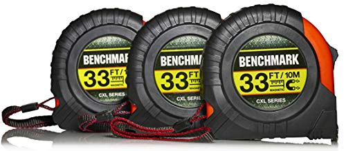 3 PACK - 33 Foot Tape Measure - Benchmark CXL Series - Measuring Tape/Tape Measures with Large Magnetic Claw Tip - Bulk Pack