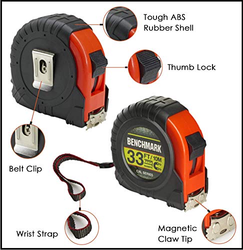 3 PACK - 33 Foot Tape Measure - Benchmark CXL Series - Measuring Tape/Tape Measures with Large Magnetic Claw Tip - Bulk Pack