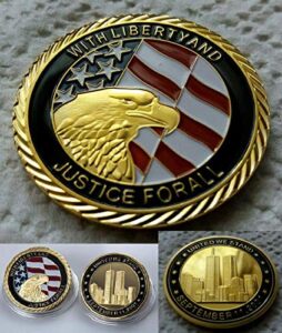 2001 united states of america world trade centre september 9/11 commemorative 'uws' united we stand 24kt liberty gold plated brass challenge coin