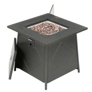 Four Seasons Courtyard Dual Heat 28 Inch Steel Square Gas Outdoor Backyard Tabletop Fire Pit with Lava Rocks and Steel Cover Lid, Black