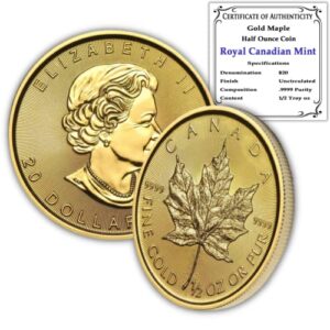 1979 - present (random year) ca 1/2 oz canadian gold maple leaf coin brilliant uncirculated with certificate of authenticity $20 bu
