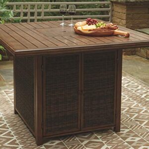 Signature Design by Ashley Paradise Trail Square Bar Table with Fire Pit, Medium Brown