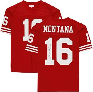 joe montana san francisco 49ers autographed mitchell & ness red authentic jersey with "hof 00" inscription - autographed nfl jerseys