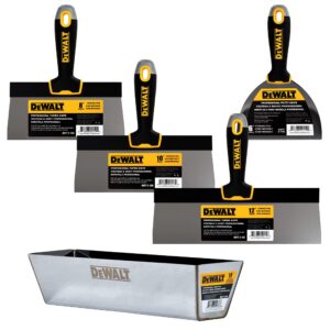 dewalt stainless steel taping knife & mud pan set + free bonus 6" soft grip putty knife | 8/10/12" blades + 14" mud pan | soft grip handles | dxtt-3-174